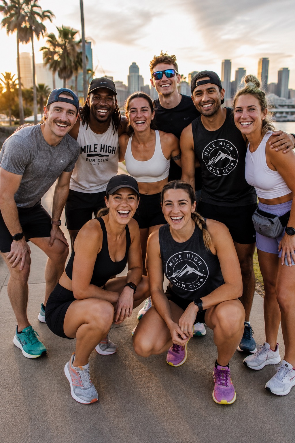 A running club posing together after a group run at sunrise